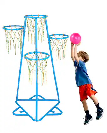 Front. VEVOR - Kids Basketball Hoop, 4-Hoop Child Basketball Hoops, Portable Basketball Stand with Adjustable Heights and 3 Balls - Blue.