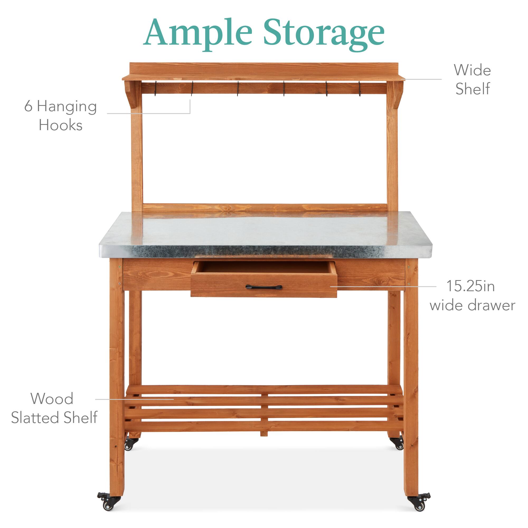 Ample Storage

- 6 Hanging Hooks
- Wide Shelf
- 15.25in wide drawer
- Wood Slatted Shelf
