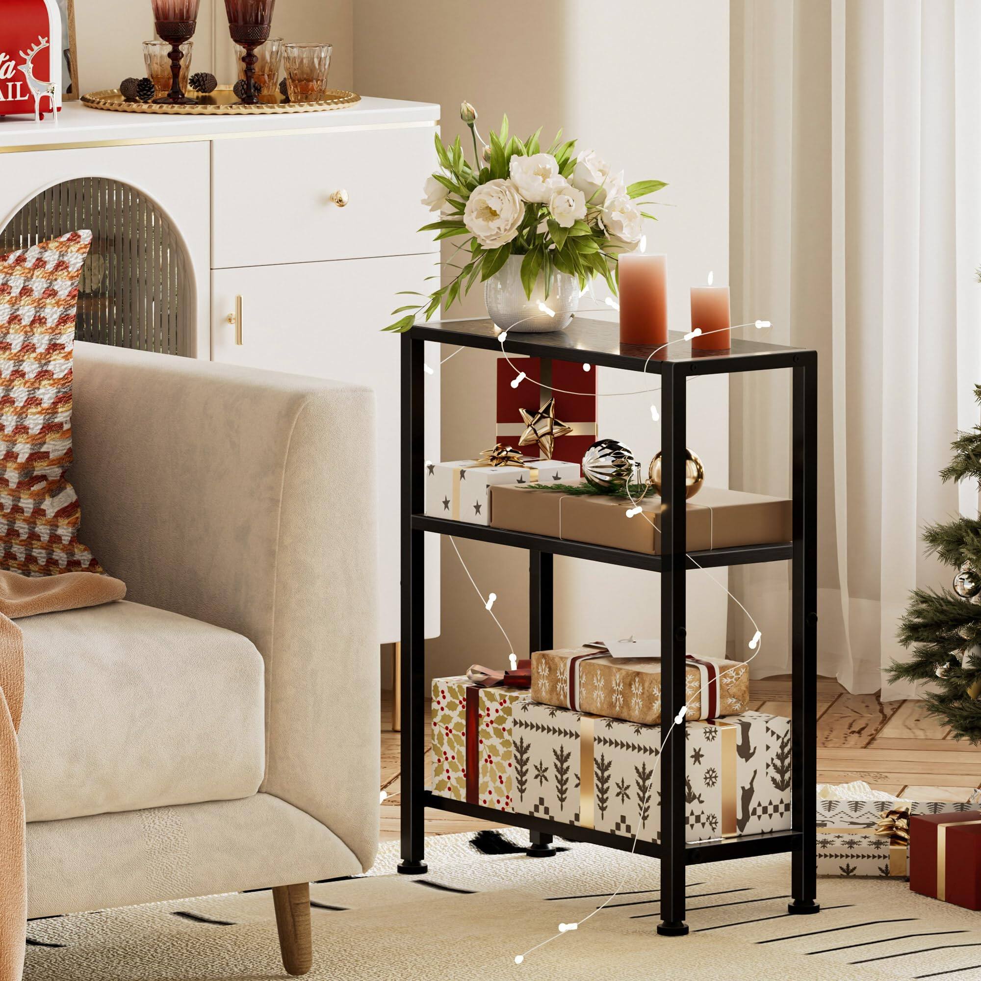 Left. PO3TICJUNKI3 - Narrow Side Table For Space 2-tier End With Shelf Holder Slim Nightstand Skinny Snack Couch In Living Room ... - Rustic Brown-3tier.