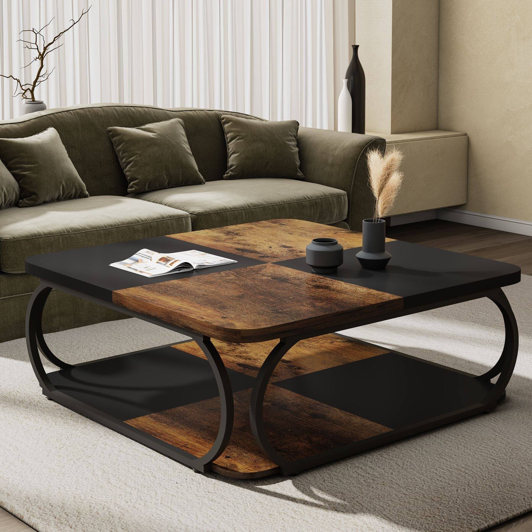 Angle. Tribesigns - Coffee Table with Storage Shelves and Easy-Clean Surface for Books, Drinks and Everyday Essentials - Brown.