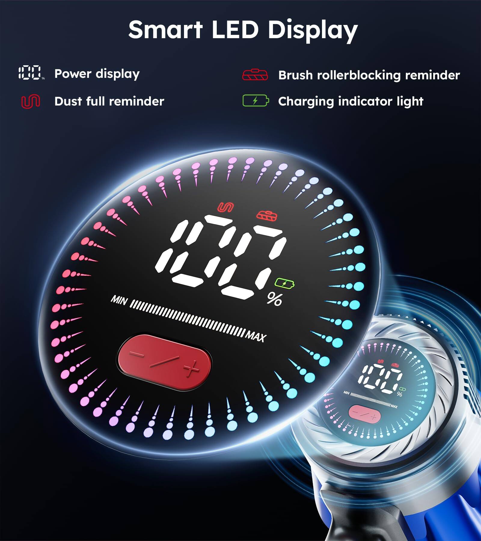 Smart LED Display

- Power display
- Dust full reminder
- Brush roller blocking reminder
- Charging indicator light

MIN % / + MAX