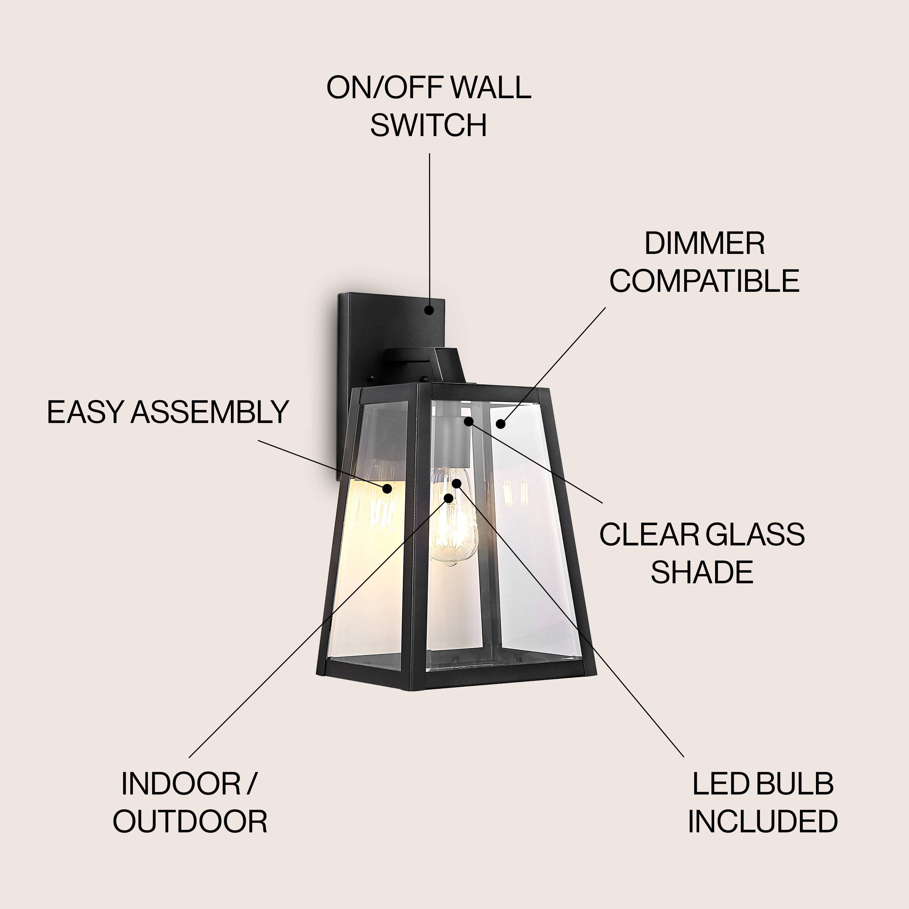 ON/OFF WALL SWITCH  
DIMMER COMPATIBLE  
EASY ASSEMBLY  
CLEAR GLASS SHADE  
INDOOR/OUTDOOR  
LED BULB INCLUDED