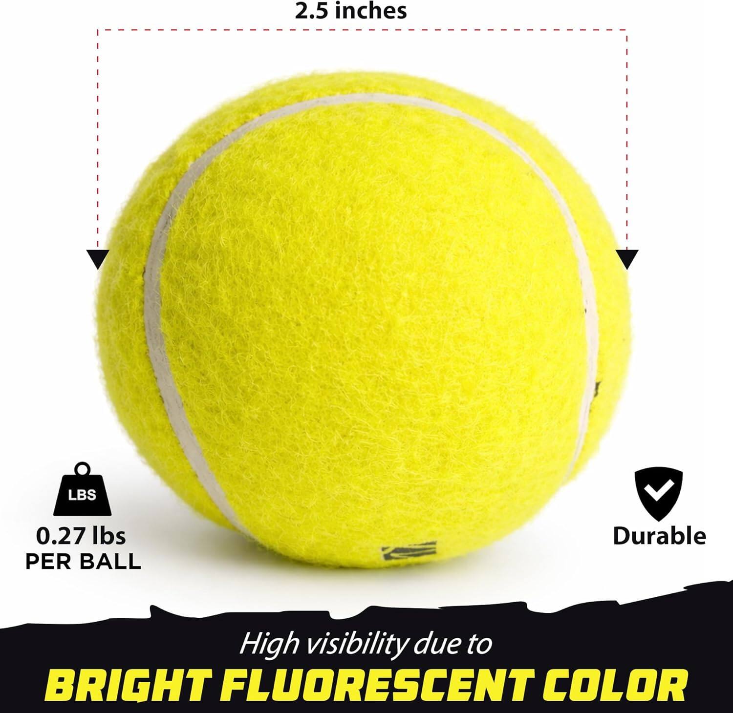 2.5 inches  
LBS 0.27 lbs PER BALL  
Durable  
High visibility due to BRIGHT FLUORESCENT COLOR
