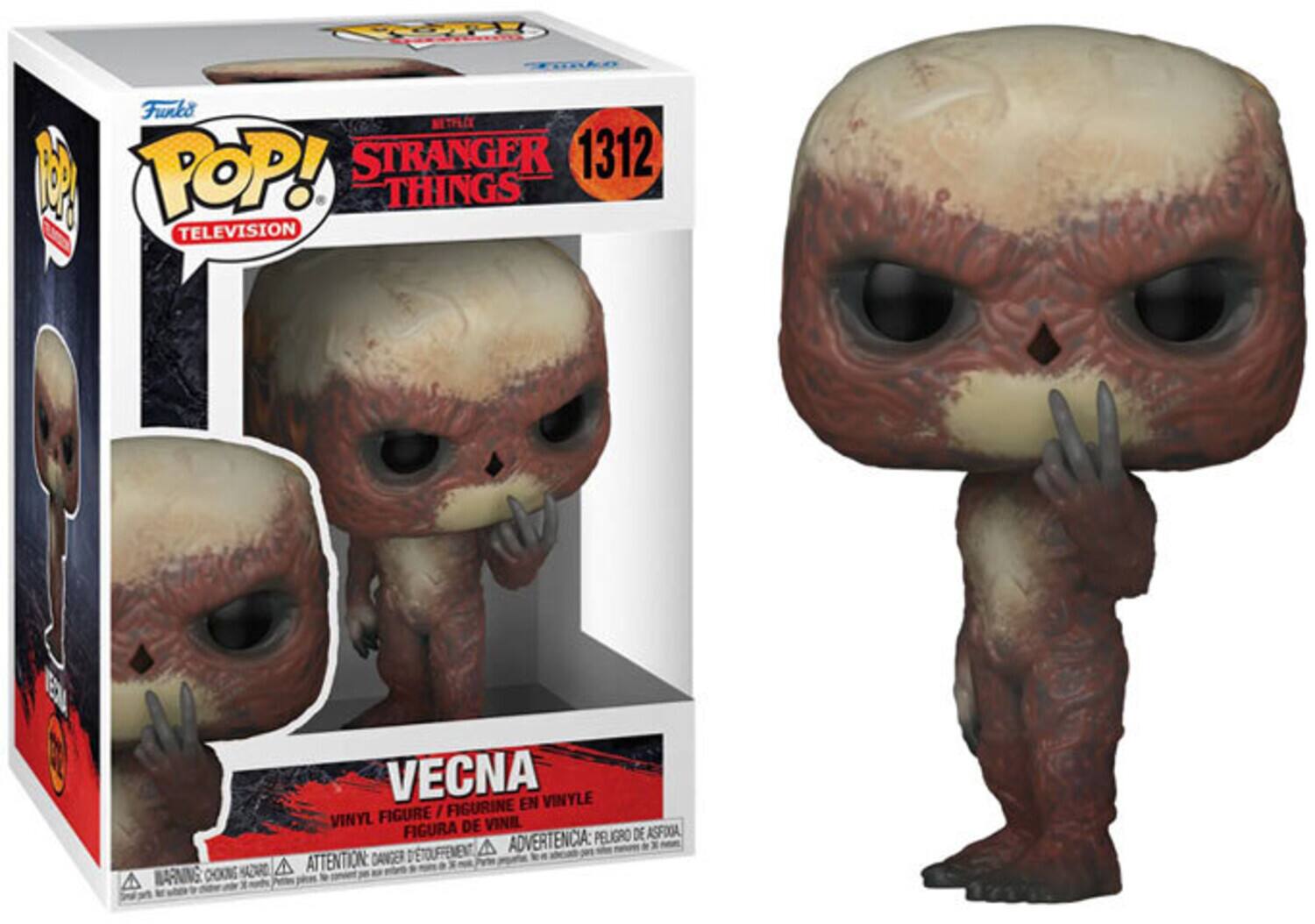Sure, here is the corrected and grouped text from the image:

---

**Funko POP! TELEVISION**

**STRANGER THINGS**

**1312**

**VECNA**

**VINYL FIGURE / FIGURINE EN VINYLE / FIGURA DE VINIL**

**WARNING: CHOKING HAZARD - SMALL PARTS. NOT FOR CHILDREN UNDER 3 YEARS.**

**ADVERTENCIA: PELOJO DE ASFIXIA. NO ES APTO PARA MENORES DE 3 AÑOS.**

**ATTENTION: DANGER D'ÉTOUFFEMENT. NE PAS LAISSER ENFANTS DE MOINS DE 3 ANS.**

---

This text is taken from the packaging of the Funko Pop! figure.
