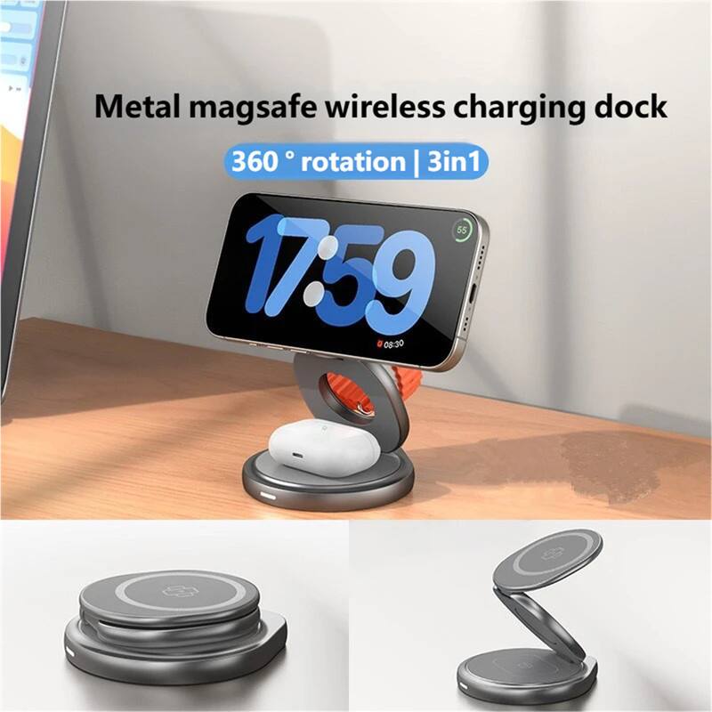 Metal mag safe wireless charging dock  
360° rotation | 3in1  
17:59  
08:30