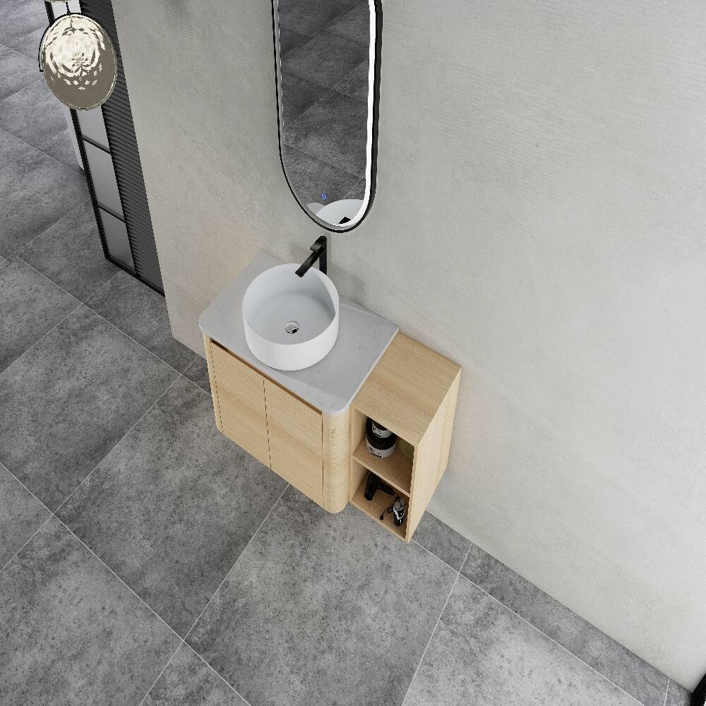 Alt View 3. Loheer - 42 inch wall mounted bathroom vanity with ceramic art sink, modern floating vanity with storage shelves - American White Oak.