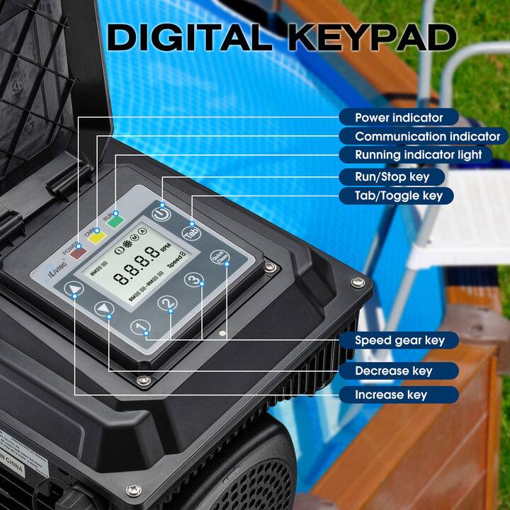 DIGITAL KEYPAD

- Power indicator
- Communication indicator
- Running indicator light
- Run/Stop key
- Tab/Toggle key
- Speed gear key
- Decrease key
- Increase key

ILIVING 8.8.8.8

RPM 0

Quick Clean

Power indicator
Communication indicator
Running indicator light
Run/Stop key
Tab/Toggle key
Speed gear key
Decrease key
Increase key

CHINA