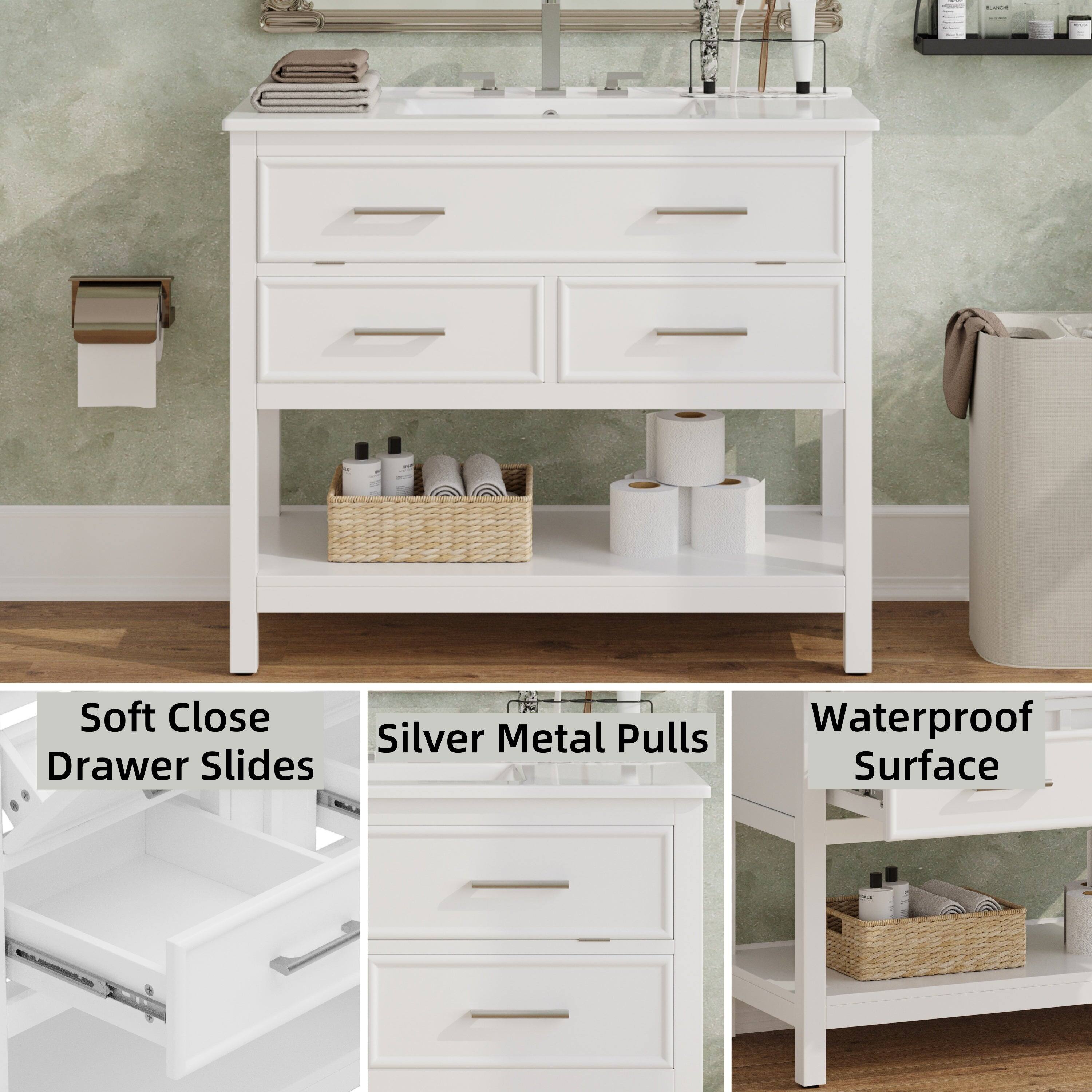 Soft Close Drawer Slides  
Silver Metal Pulls  
Waterproof Surface