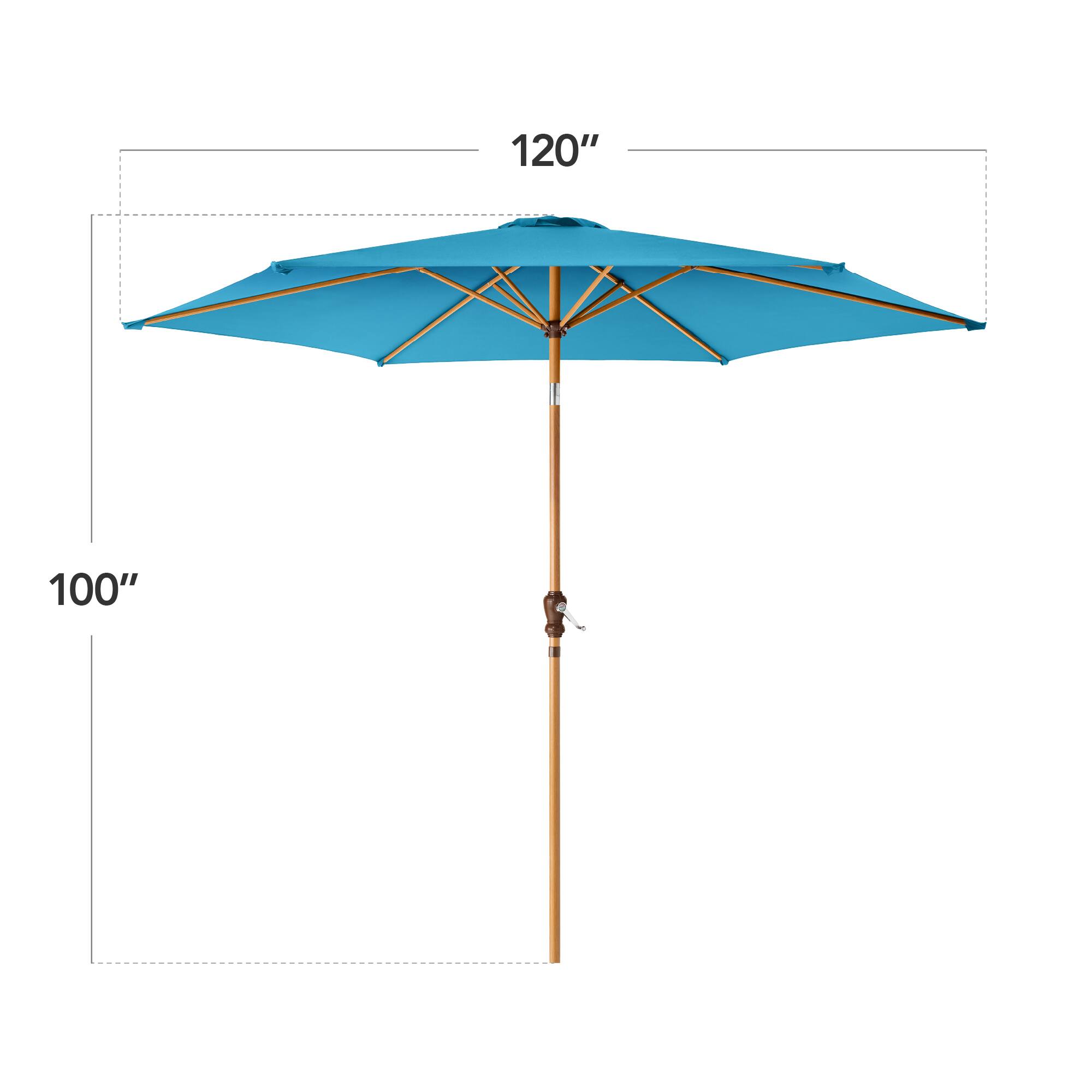 The text on the image shows the dimensions of an umbrella. The umbrella has a diameter of 120 inches and a height of 100 inches.