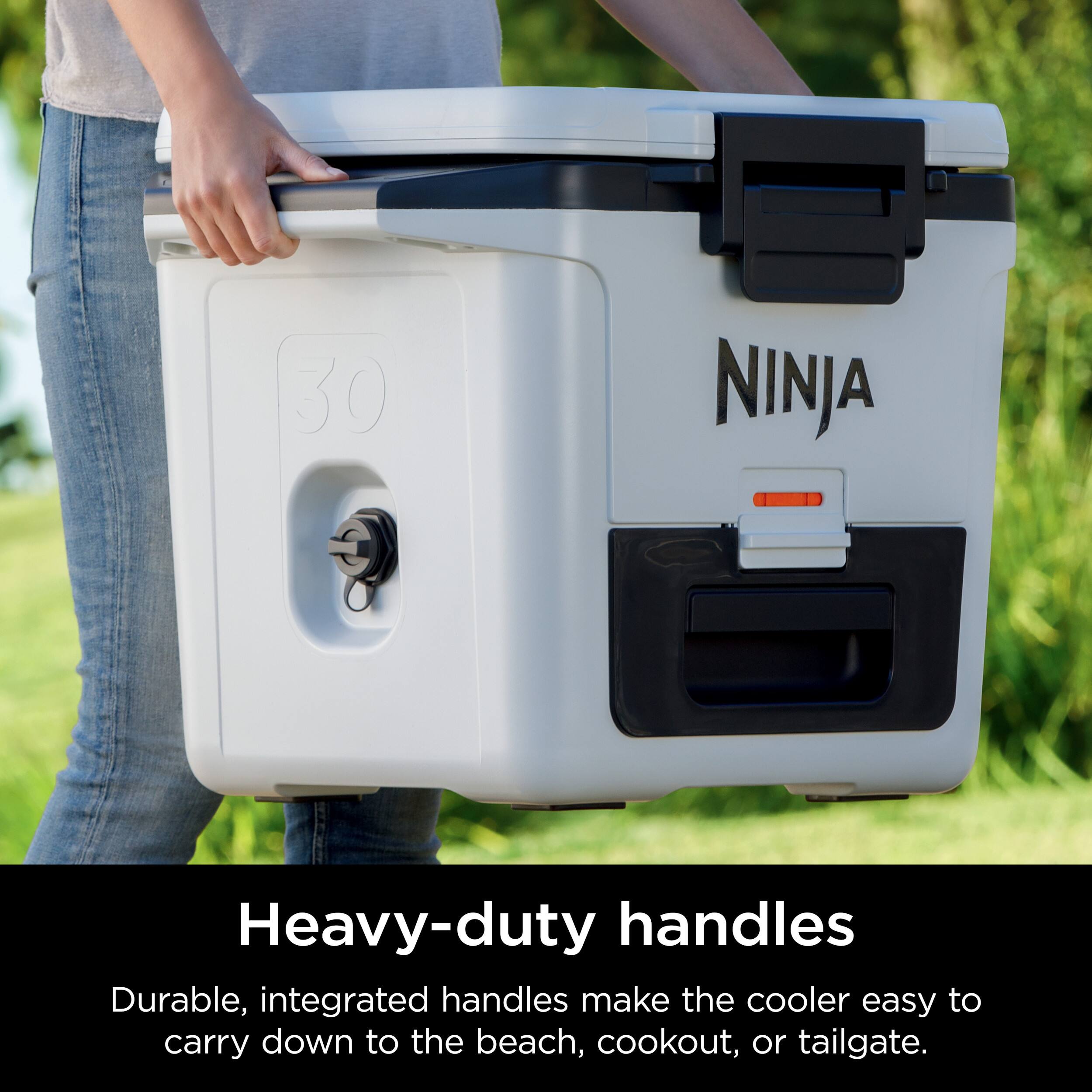 The text on the image reads: "30 E NINJA Heavy-duty handles Durable, integrated handles make the cooler easy to carry down to the beach, cookout, or tailgate."