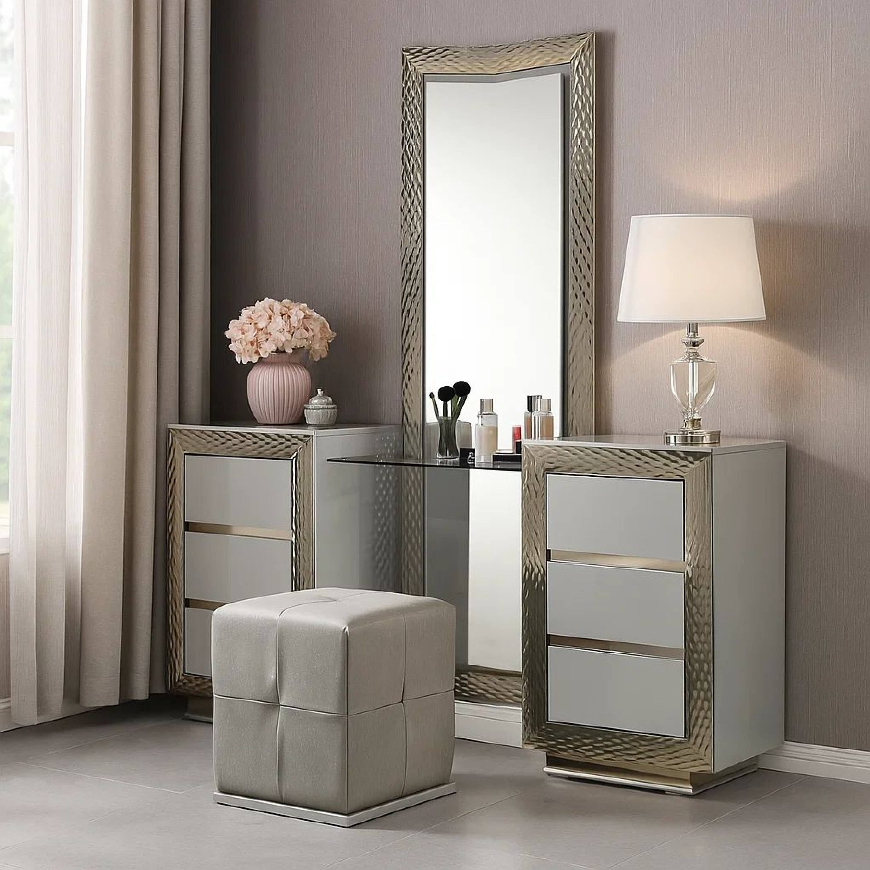 Alt View 7. Manhattan Lane - Vino 3pc Vanity Dressing Table Set w Stool, Satin Fabric, Rubberwood - Gray.