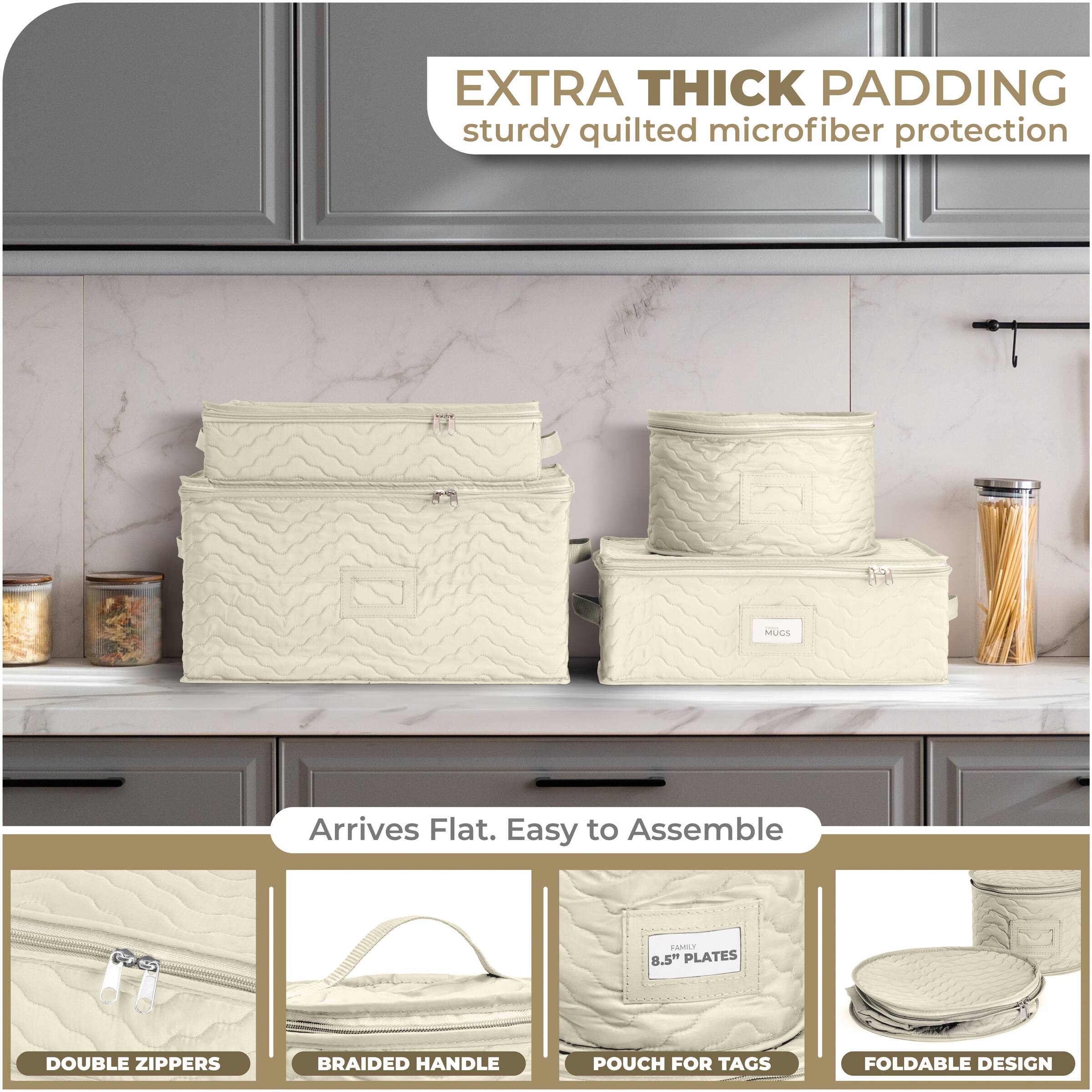 EXTRA THICK PADDING  
sturdy quilted microfiber protection  

Arrives Flat. Easy to Assemble  

DOUBLE ZIPPERS  
BRAIDED HANDLE  
POUCH FOR TAGS  
FOLDABLE DESIGN  

8.5" PLATES