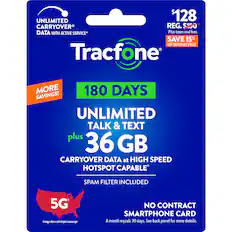UNLIMITED TALK & TEXT plus 36 GB CARRYOVER DATA at HIGH SPEED HOTSPOT CAPABLE SPAM FILTER INCLUDED 5G Image does not depict coverage NO CONTRACT SMARTPHONE CARD A month equals 30 days. See back panel for more details.