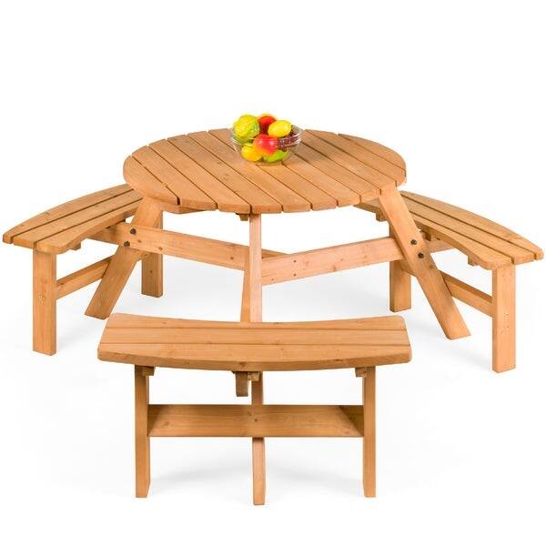 Hivvago - Outdoor Round Wood Picnic Table Bench Set with Umbrella Hole - Seats 6 - Brown