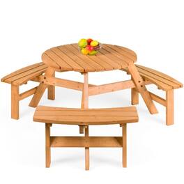Hivvago - Outdoor Round Wood Picnic Table Bench Set with Umbrella Hole - Seats 6 - Brown