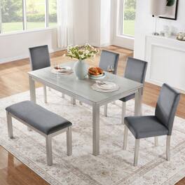 LUCKY ONE - 6-Piece Crystal Decoration Dining Set with 58.5" Rectangular Dining Table, Bench and 4 Upholstered Chairs - Silver grey