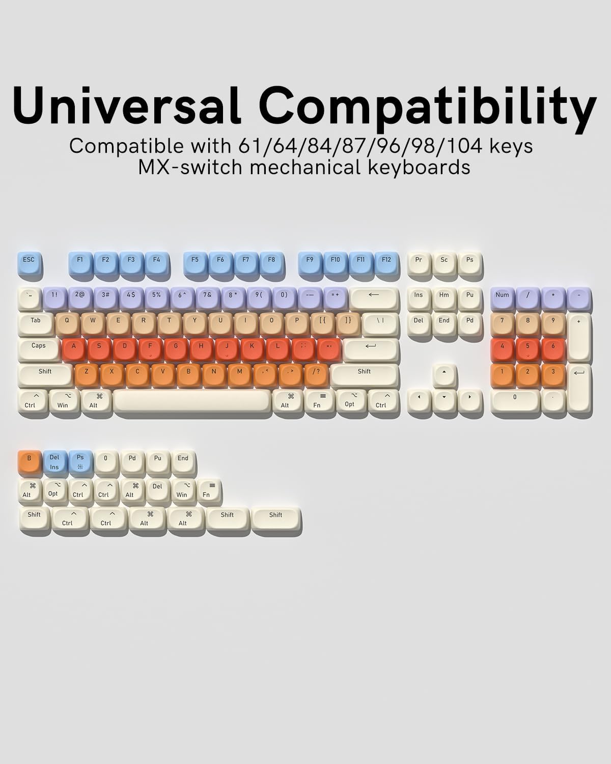 Universal Compatibility  
Compatible with 61/64/84/87/96/98/104 keys MX-switch mechanical keyboards  

ESC F1 F2 F3 F4 F5 F6 F7 F8 F9 F10 F11 F12  
Pr Sc Ps  
11 20 38 45 5% 76 3 9 0  
Ins Hm Pu Num /  
Tab W E R T Y U I O P  
Caps A S D F G H J K L  
Shift Z X C V B N M  
Corl Win Alt  
C R Del Ins Ps  
D Pd Pu End  
All Opt Ctrt  
A Ctri x All Del  
1 Win Fn Shift Ctrl  
Ctrl D Alt  
3 Alt Shift
