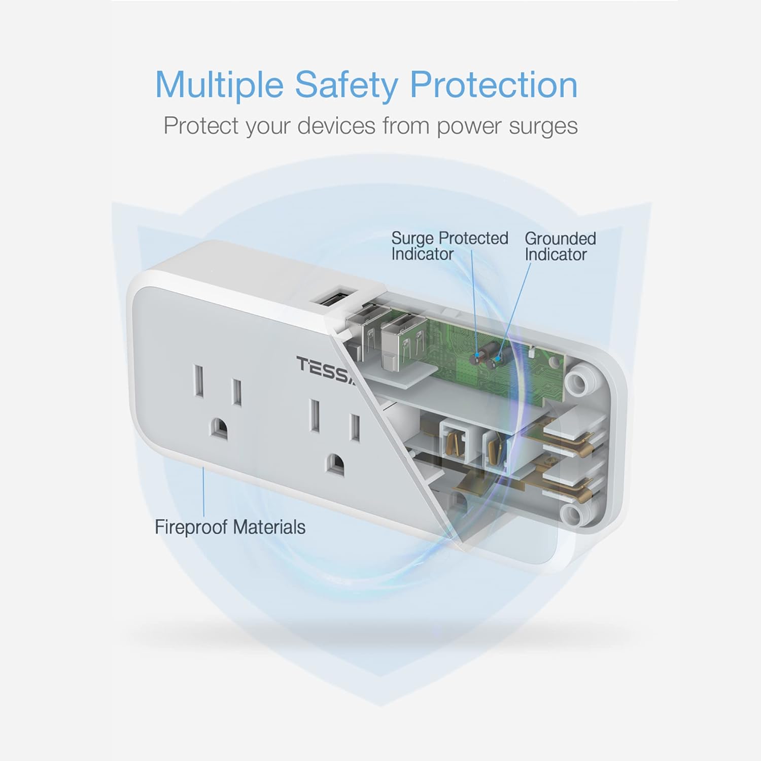 Multiple Safety Protection  
Protect your devices from power surges  

- Surge Protected Indicator  
- Grounded Indicator  
- Fireproof Materials