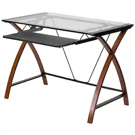 Hivvago - Modern Finish Glass Top Writing Table Computer Desk with Keyboard Tray - Cherry