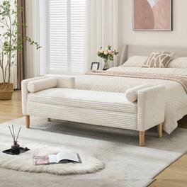 Ropilly - 64.7 Inch Corduroy Flip Top Storage Bench with Backrest and Armrests - Ivory