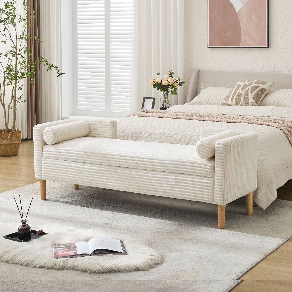 Front. Ropilly - Ropilly 64.7 Inch Ivory Corduroy Flip Top Storage Bench with Backrest and Armrests - Ivory.