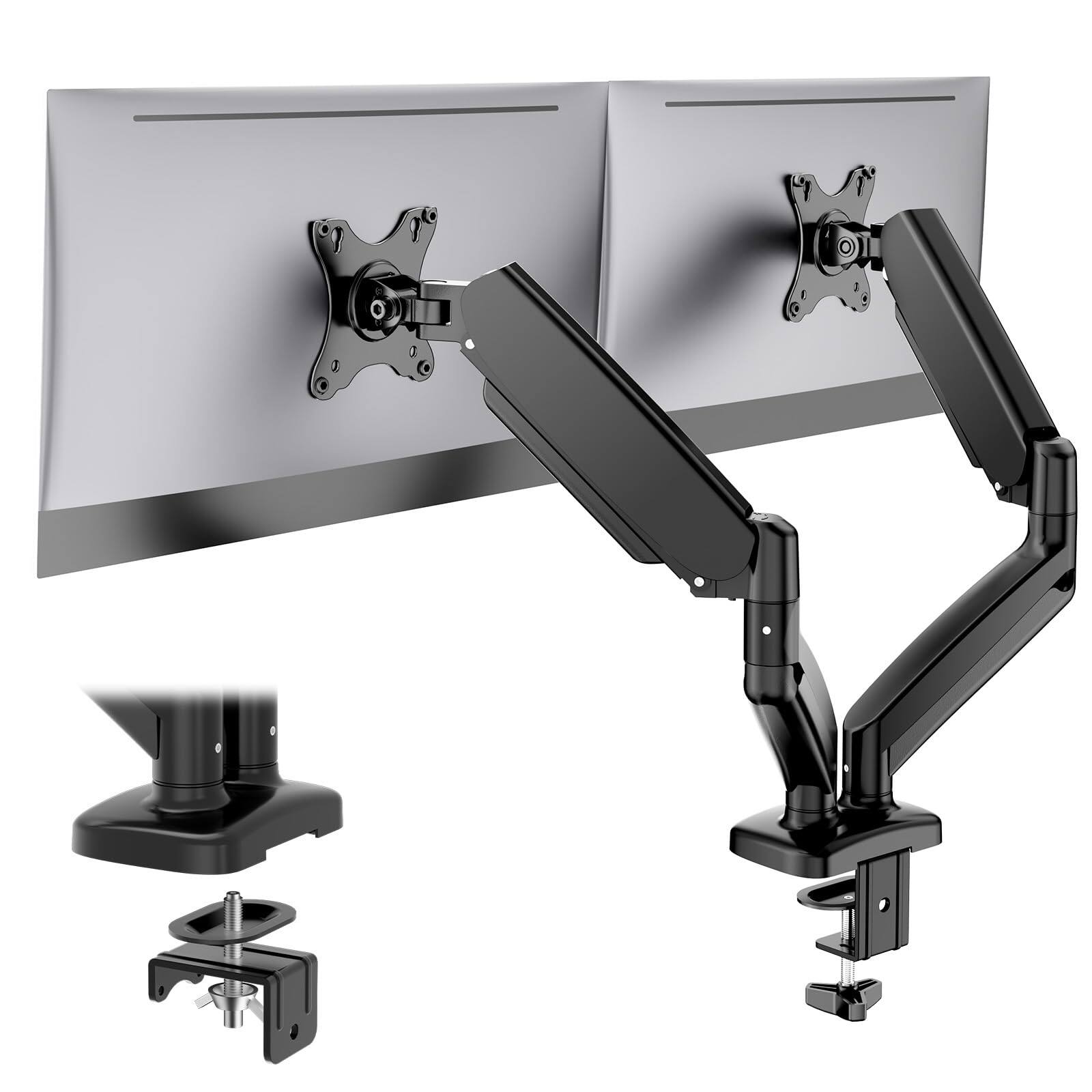 Cedar Assembly - Dual Monitor Stand For Desk Gas Spring Arm 2 Monitors Max Fully Adjustable Double Mount Vesa With C - Inky Dual Arm