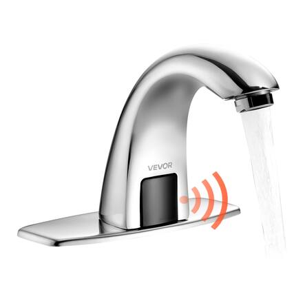 Front. VEVOR - Touchless Bathroom Sink Faucet, Automatic Motion Sensor Restroom Toilet Faucet with Hole Cover Plate, Battery Operated - Silver.