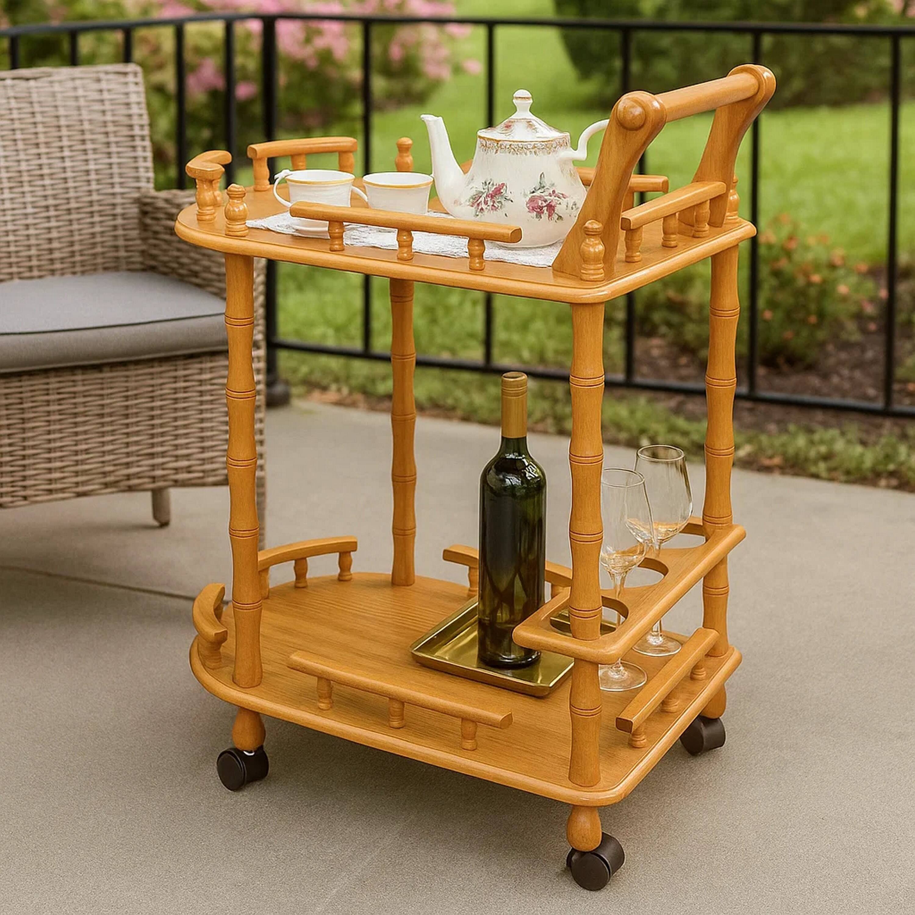 Alt View 2. Manhattan Lane - Casters Supported 2 Tier Wooden Wine Table with Turned legs - Brown.