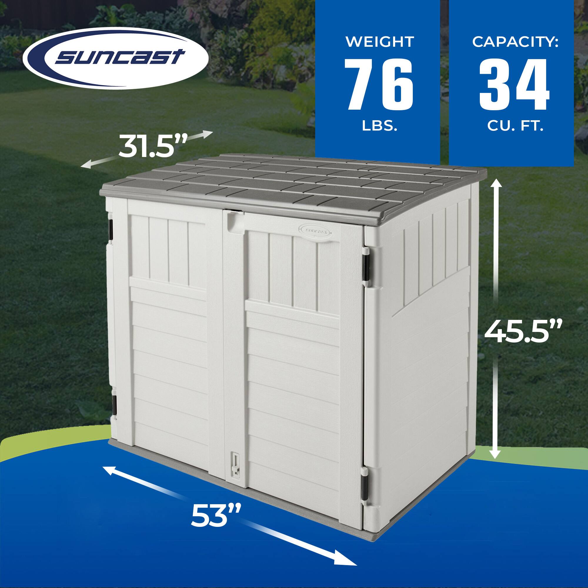 Suncast 31.5" WEIGHT 76 LBS. CAPACITY: 34 CU. FT. 45.5" 53"