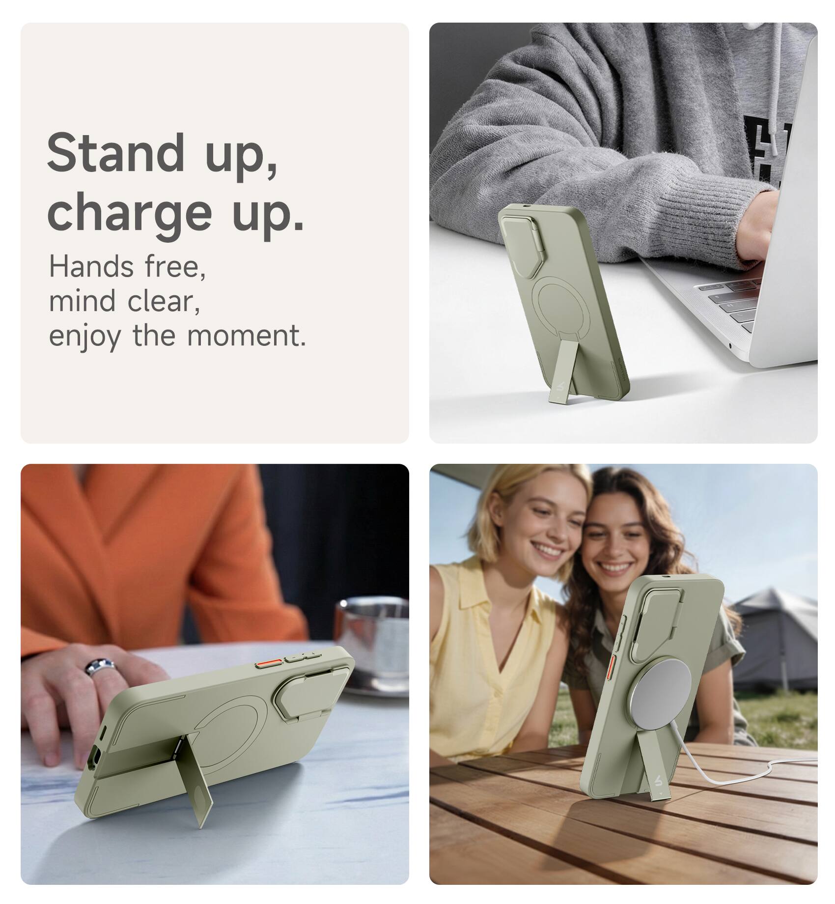 Stand up, charge up.  
Hands free, mind clear, enjoy the moment.