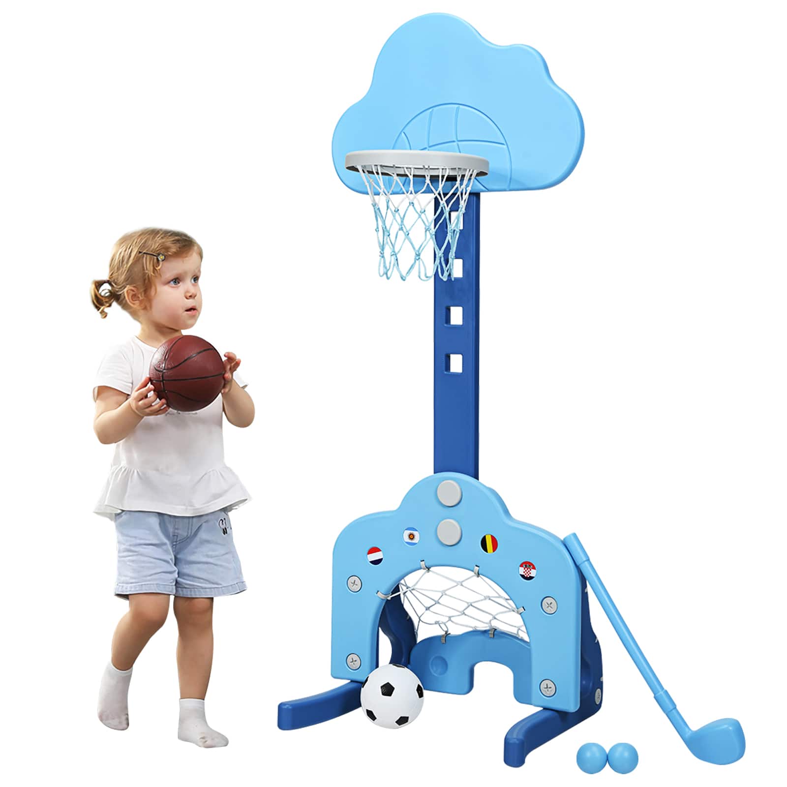 Front. Costway - Costway 3-in-1 Kids Basketball Hoop Set Adjustable Sports Activity Center w/ Balls - Blue.