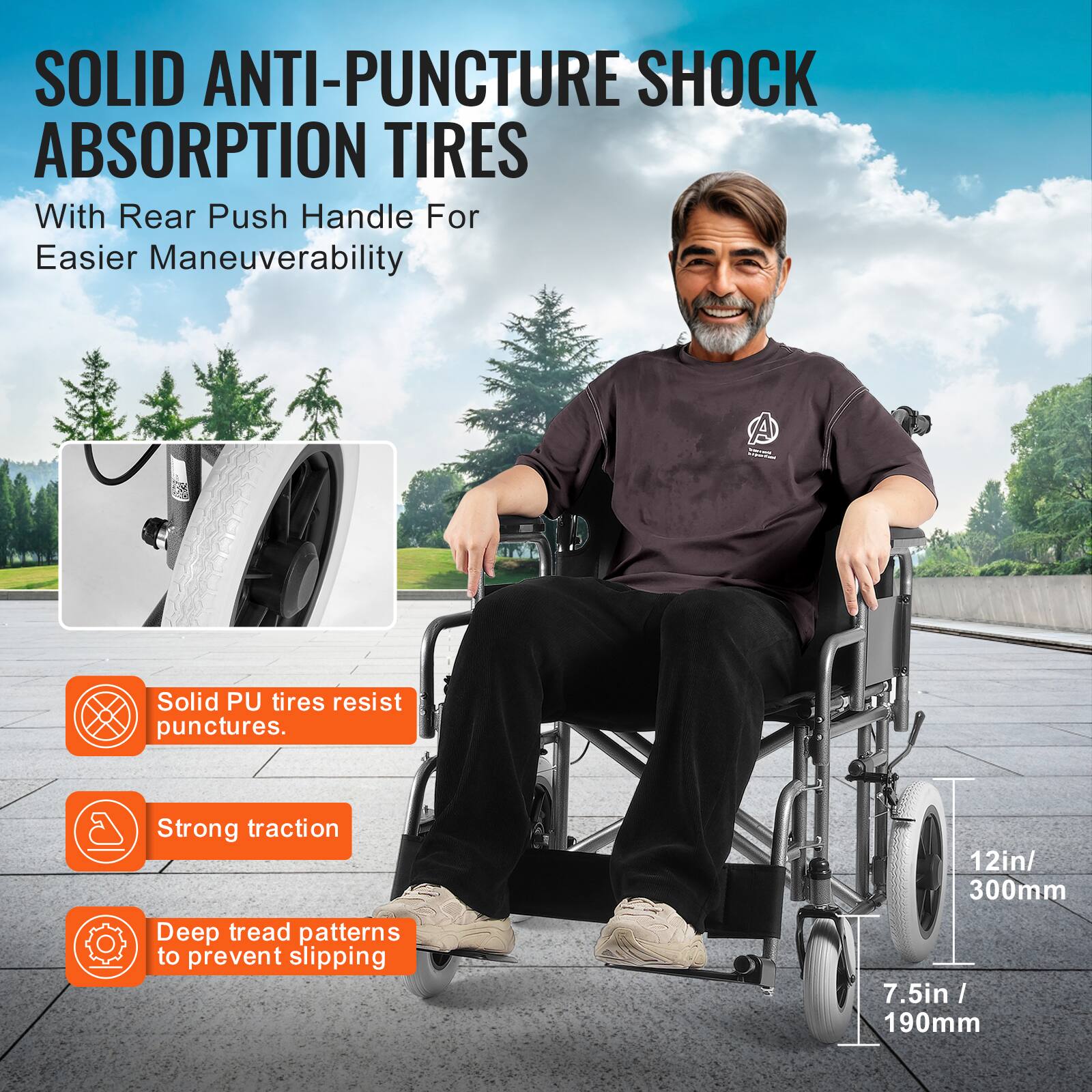 SOLID ANTI-PUNCTURE SHOCK ABSORPTION TIRES  
With Rear Push Handle For Easier Maneuverability  

Solid PU tires resist punctures.  
Strong traction  
Deep tread patterns to prevent slipping  

12in / 300mm  
7.5in / 190mm