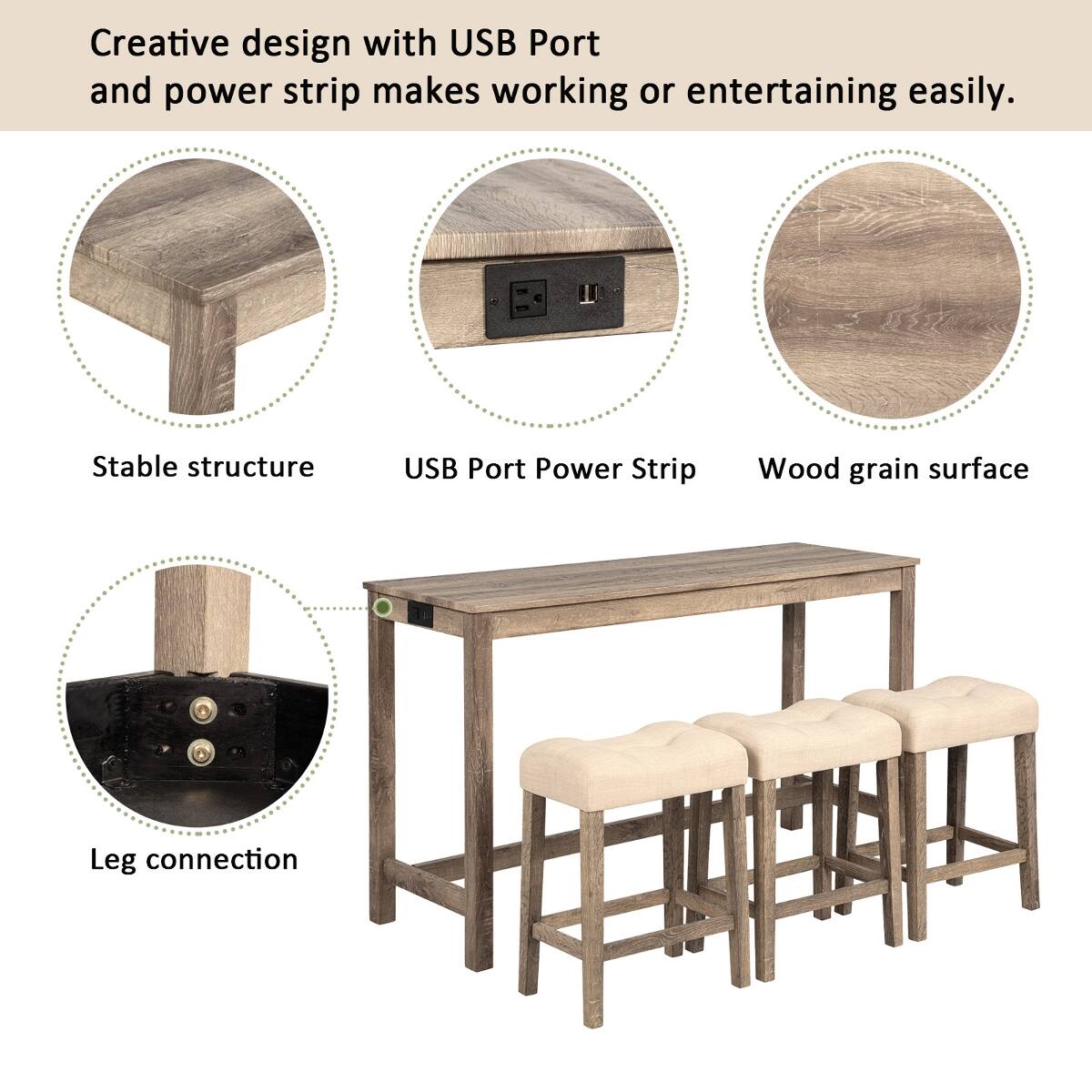 Creative design with USB Port and power strip makes working or entertaining easily.

- Stable structure
- USB Port Power Strip
- Wood grain surface
- Leg connection