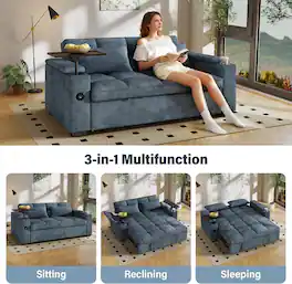 Anysun - 65" Chenille Convertible Sleeper Sofa with Cup Holder & Storage Armrests, Swivel Table, Adjustable Backrest - Blue