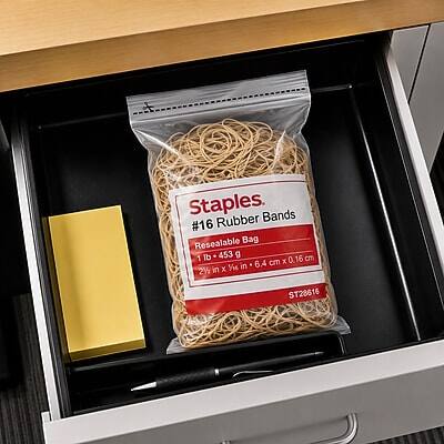 Staples. Rubber Bands #16 Resealable Bag 1 lb 453 g 16 cm 6.4 cm X 0. in X 1/16 in 21/2 ST28516