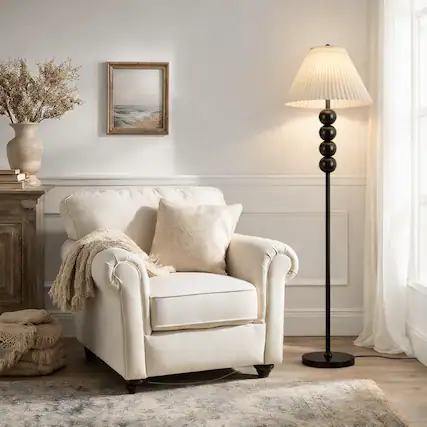 Front. Akoasm - 65" Mid-Century Modern Floor Lamp - Wood Base & Pleated Shade, 3-Temperature Bulb Included for Living Room Bedroom.