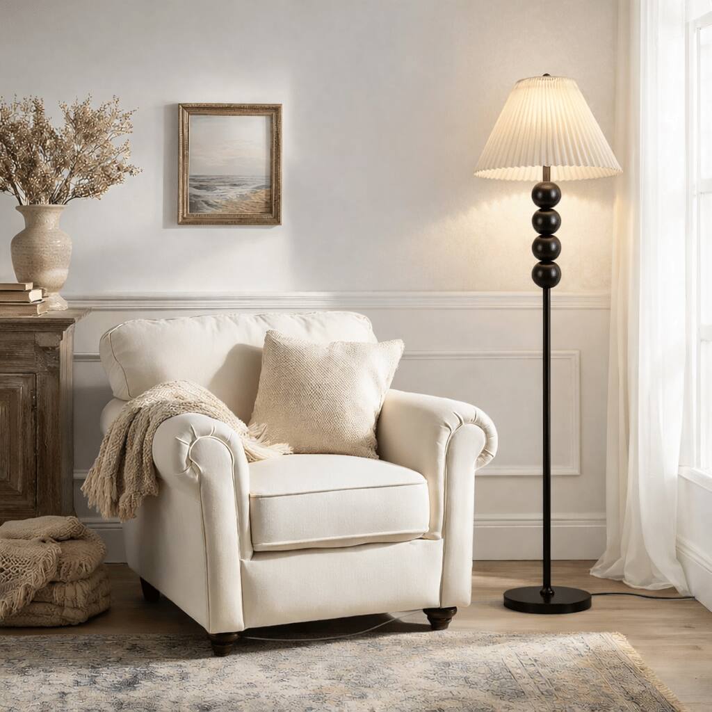 Front. Akoasm - 65" Mid-Century Modern Floor Lamp - Wood Base & Pleated Shade, 3-Temperature Bulb Included for Living Room Bedroom.