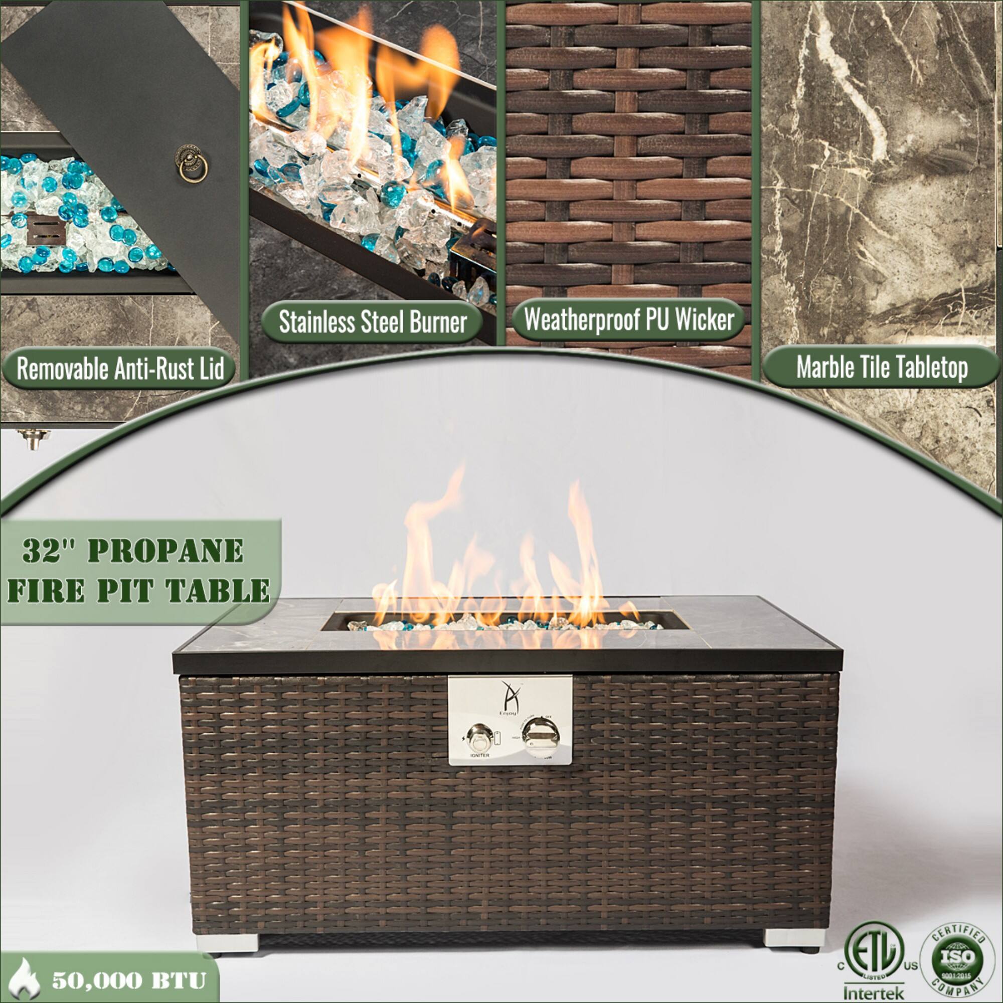 Removable Anti-Rust Lid Stainless Steel Burner Weatherproof PU Wicker Marble Tile Tabletop 32" PROPANE FIRE PIT TABLE | 50,000 BTU CERTIFIED - C ETD us -LR Intertek