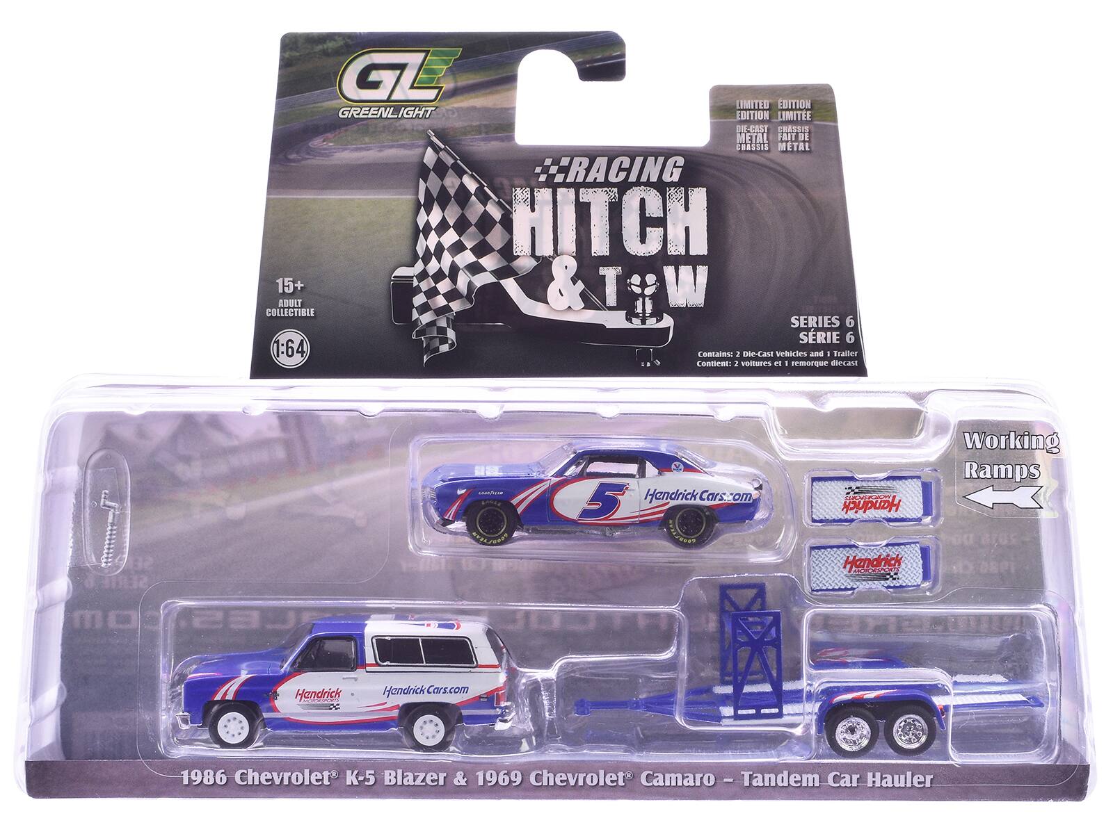 GE LIMITED EDITION GREENLIGHT EDITION LIMITEE DIE-CAST CRESEIS METAL FAIT DE CHASSIS METAL RACING HITCH 15+ ADULT & T W COLLECTIBLE SERIES 6 SRIE 6 1:64

Contains: 1 Die-Cast Vehicles and 1 Trailer
Contient: 2 voitures et 1 remorque die-cast

1986 Chevrolet K-5 Blazer & 1969 Chevrolet Camaro - Tandem Car Hauler

Handrick Cars.com