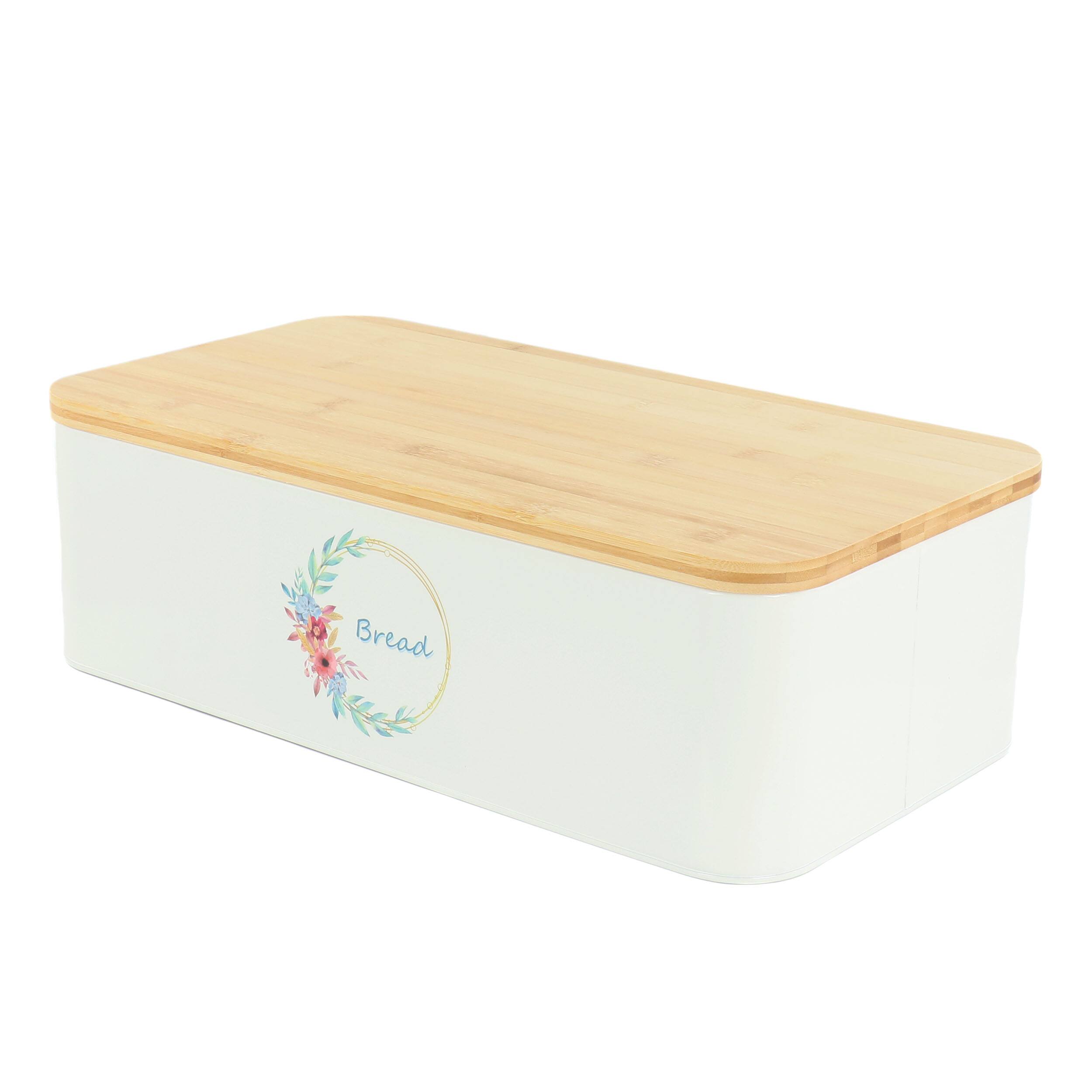 Angle. MegaChef - MegaChef 4 Piece Bamboo Lid Iron Canister Set With Bread Box in White - White.