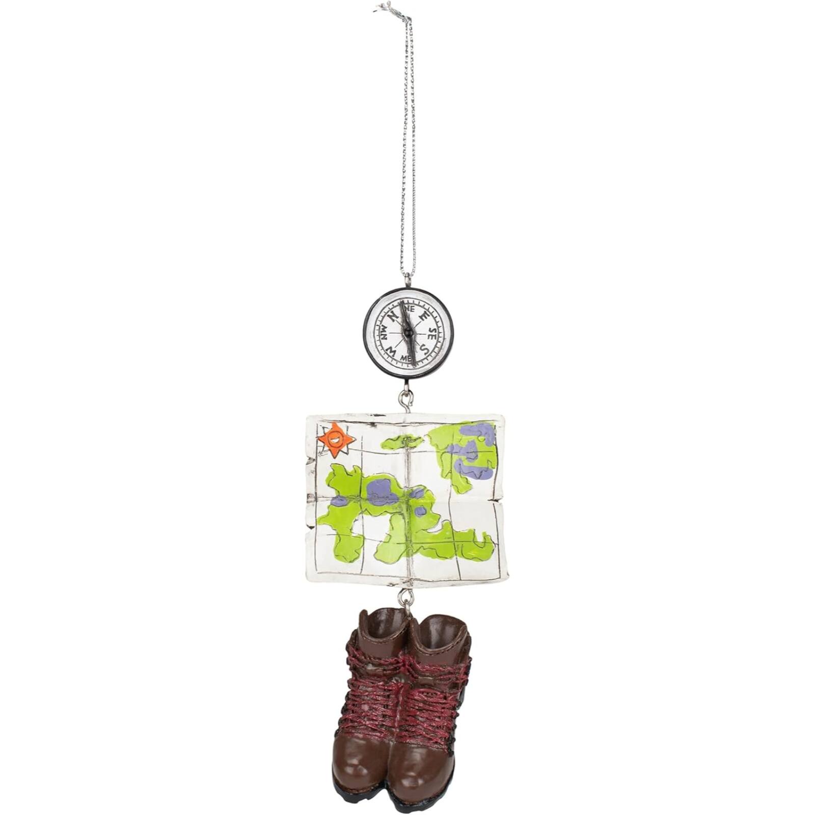 Left. Ganz - Hiking Compass Boots and Map Christmas Tree Ornament 4.75 inch - Multicolor.
