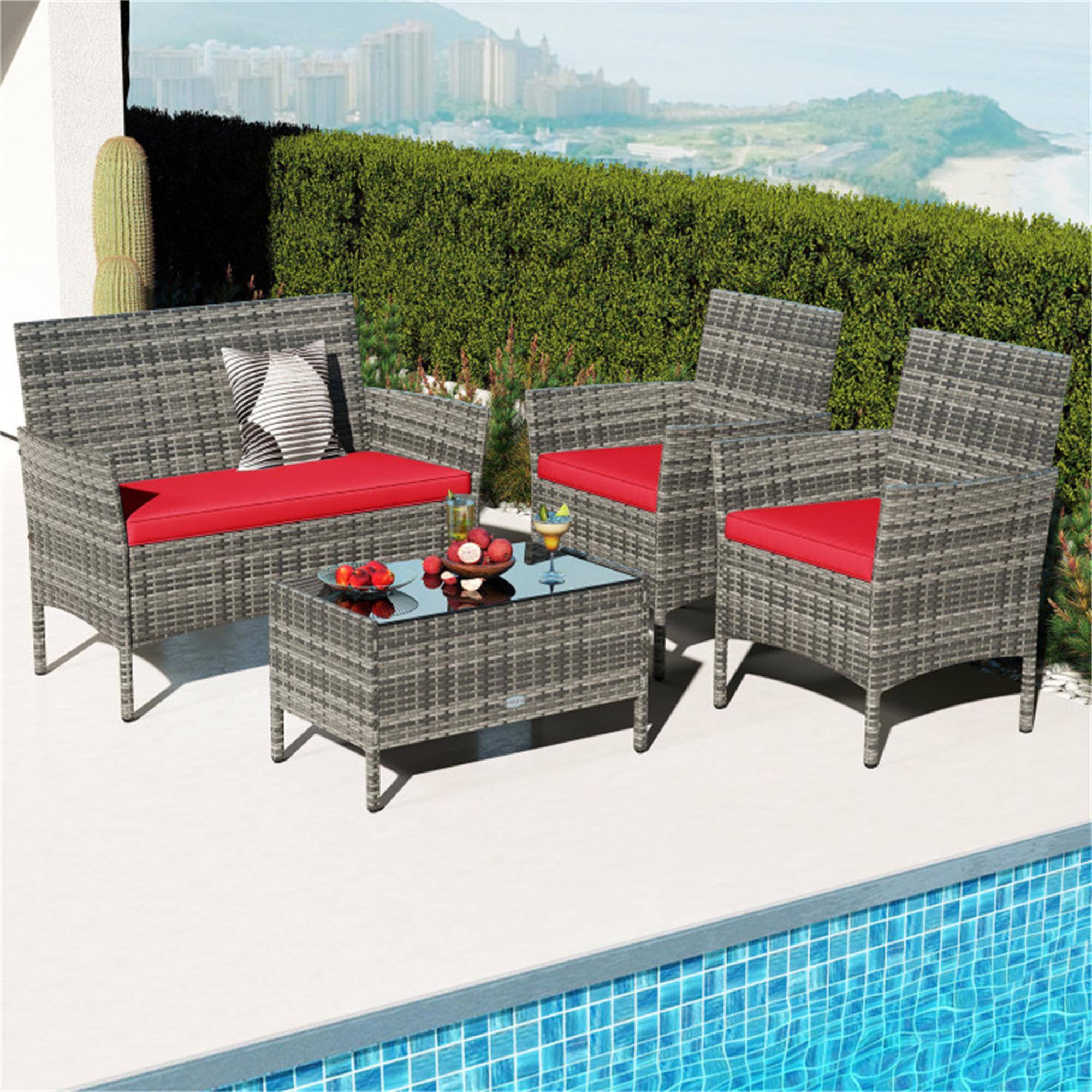 Alt View 2. Boyel Living - Red 4 Pieces Patio Rattan Conversation Set with Tempered Glass Coffee Table 39.5-in L x 32-in W x 22.5-in H - Red.