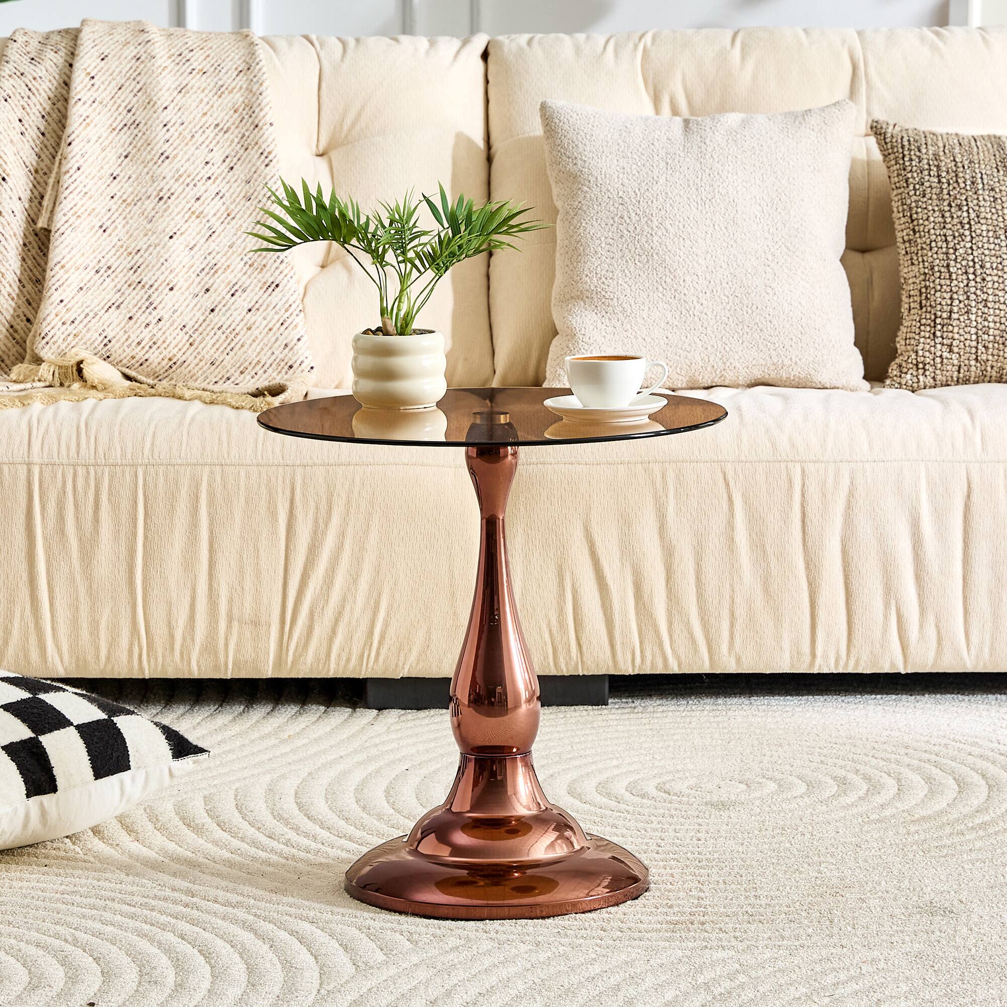 Angle. Anysun - Small Metal Side Table – Modern Round-Edge Table with Tempered Glass Top – Approx. 19.6" Diameter - Brown, Rose Gold.