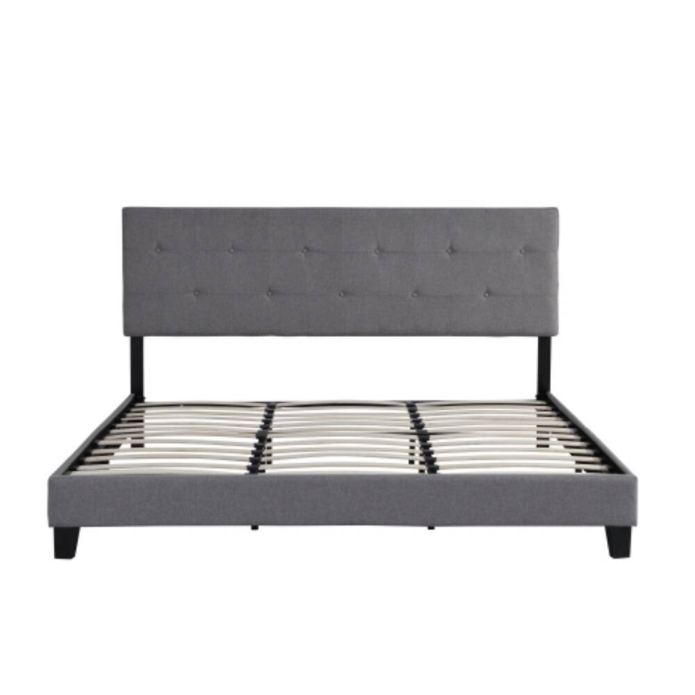 Alt View 1. LUCKY ONE - King Size Upholstered Platform Bed Frame with Button Tufted Linen Headboard, Wood Slat Support, No Box Spring Needed - Grey.