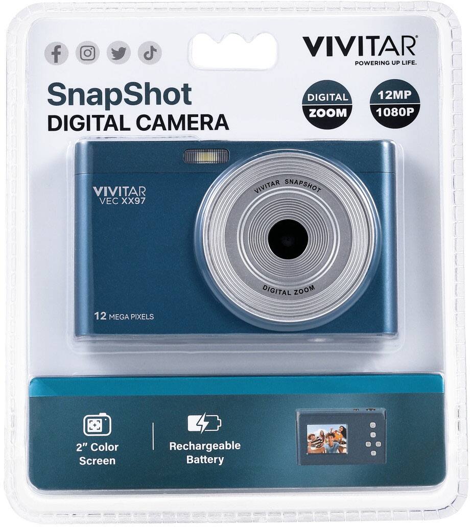 SnapShot DIGITAL CAMERA  
VIVITAR POWERING UP LIFE. DIGITAL 12MP ZOOM 1080P  
VIVITAR VEC XX97  
VIVITAR SNAPSHOT  
DIGITAL ZOOM  
12 MEGA PIXELS  
2" Color Screen  
Rechargeable Battery