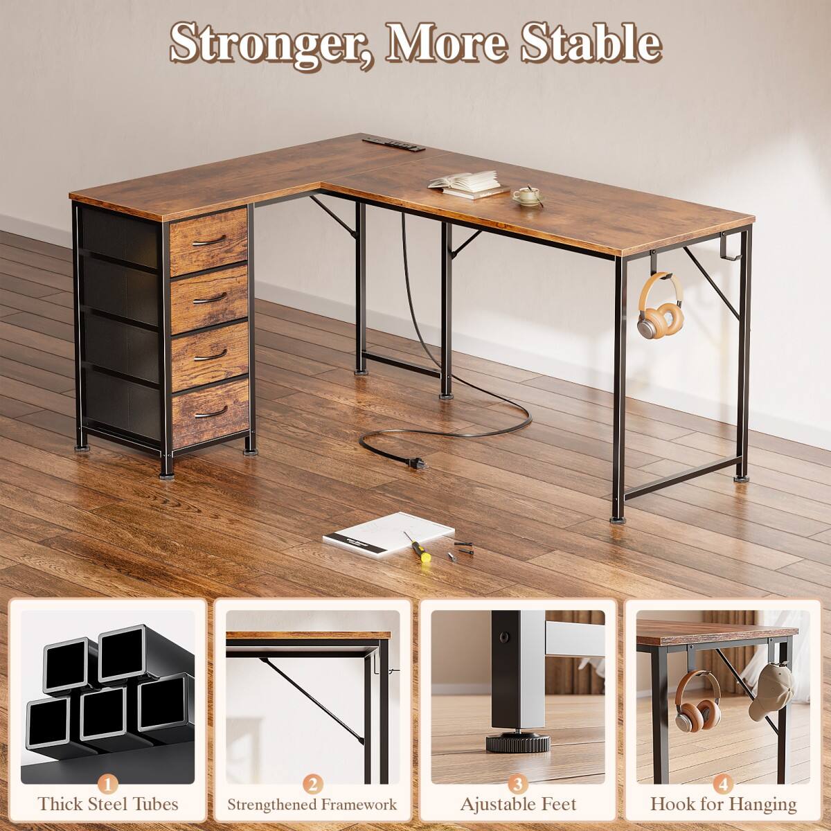 Stronger, More Stable
1. Thick Steel Tubes
2. Strengthened Framework
3. Adjustable Feet
4. Hook for Hanging