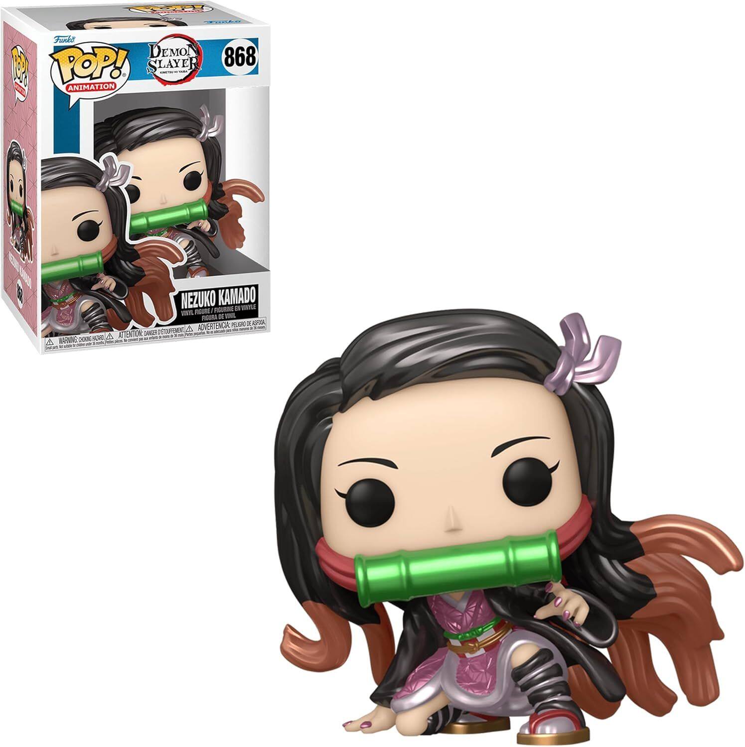 Sure, here is the corrected and grouped text from the image:

---

**Funko POP! Animation**

**Demon Slayer**

**868**

**Nezuko Kamado**

**FIGURA POP! ANIMACIÓN**

**ATTENTION: CHOKING HAZARD - ADVERTENCIA: PEQUEÑOS OBJETOS - ATTENTION: RISQUE DE SOUFFOCATION**

---

This text is from the packaging of the Funko Pop! figure.