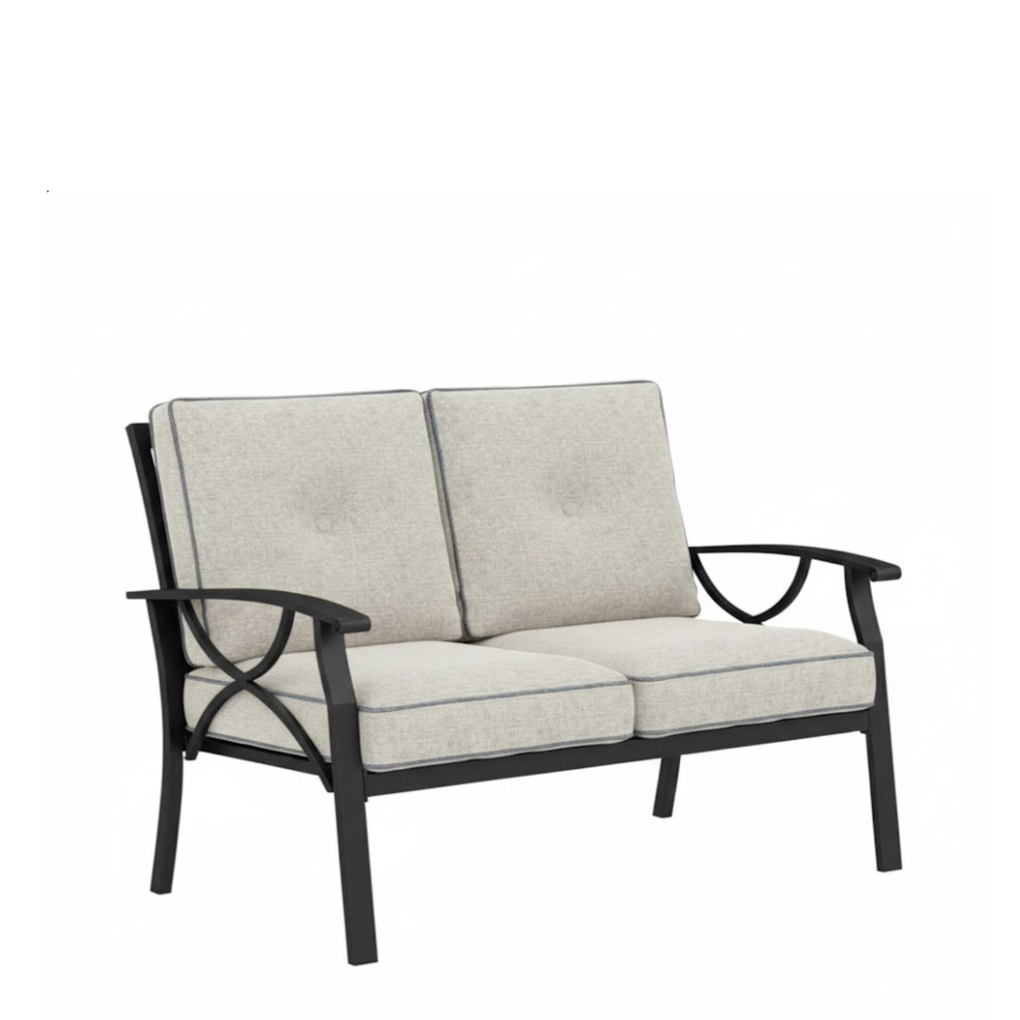 Front. Mondawe - 48" Metal Loveseat with Cushions and black Frame - Light Khaki+Beige.