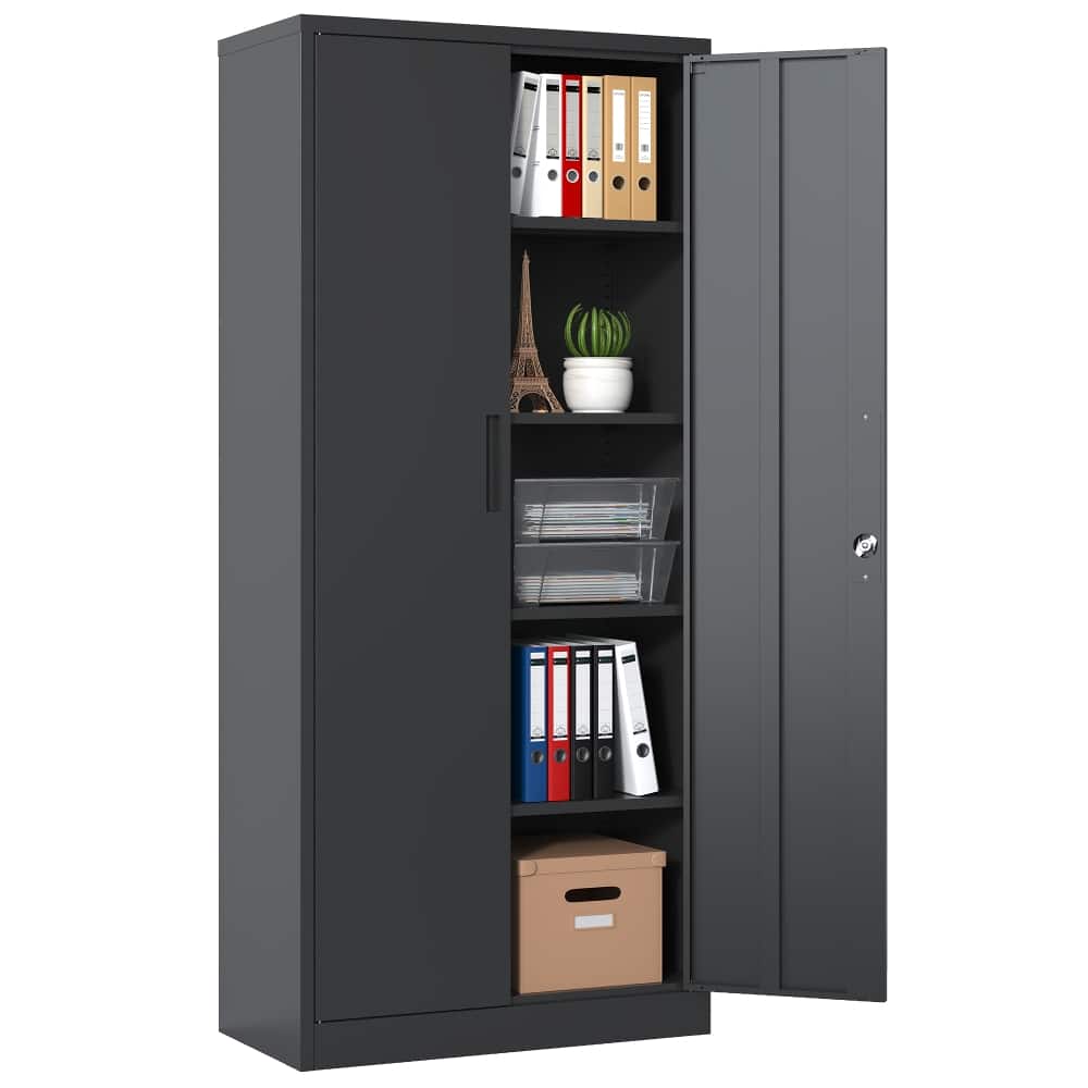 Loheer - 72 Inch Metal Garage Storage Cabinet Black Steel Locking File Cabinet 4 Shelves