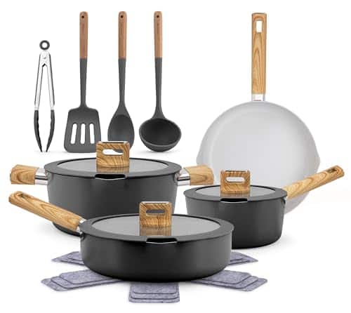 NutriChef - 14-Piece Pots and Pans Set Ceramic Cookware Set w/Ladle, Tongs, Spatula - Black